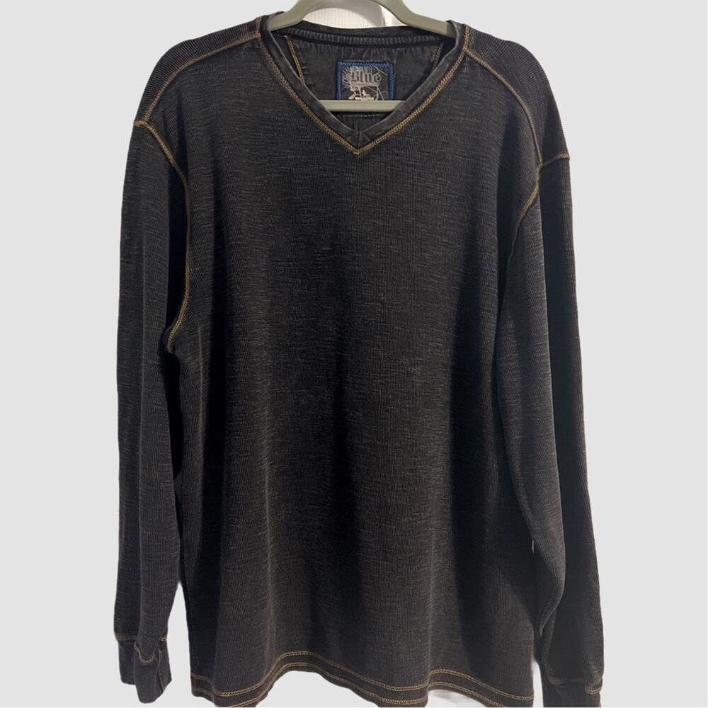 Blue Pronto Uomo Men’s Gray V-Neck Textured‎ Shirt Gold Stitching Size Large